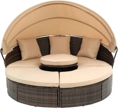 Vista 3 de Sofá cama redondo de ratán al aire libre con toldo retráctil y mesa de centro elevadora, muebles de patio, juego de sofá para piscina Garde