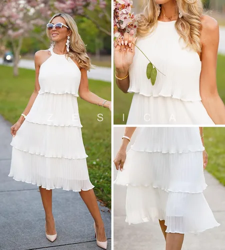 Vista 6 de ZESICA Vestido largo midi de gasa con capas escalonadas y cuello halter para mujer, 2024
