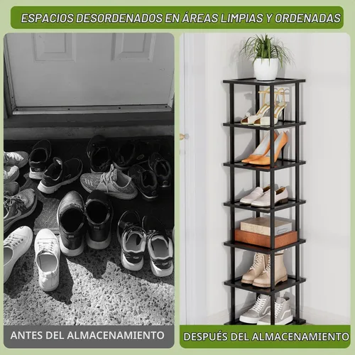 Vista 6 de Zapatero alto vertical para entrada, 7 niveles, delgado, estrecho, de madera de bambú, apilable, soporte de almacenamiento para botas, espacios Negro