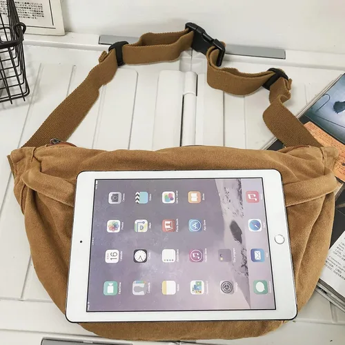 Vista 6 de Riñonera cruzada para mujeres y hombres, riñonera grande con correa ajustable para entrenamiento, viajes, deportes, correr, Marrón, Bolso bandolera