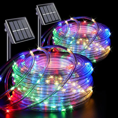 Vista 17 de QITONG Paquete de 2 luces solares verdes, cada cadena de 100 luces LED de 33 pies para exteriores, 8 modos de luces de hadas en tubo de PVC
