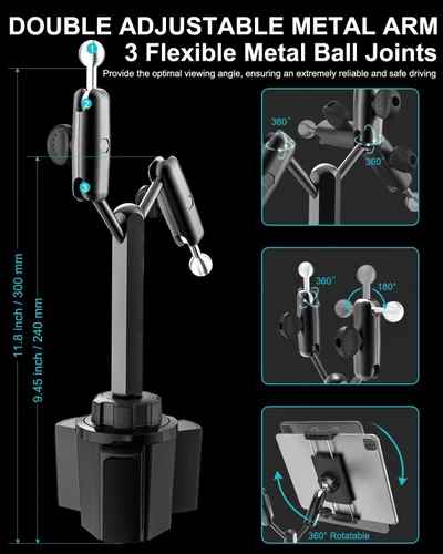 Vista 3 de Soporte para tablet de automóvil, soporte doble resistente para tableta para camión, [brazo de aluminio doble] Portavasos ajustable compatible