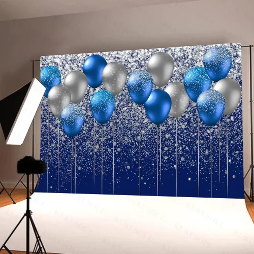 Vista 4 de Fondo de globo azul y plateado de 7 x 5 pies, fondo plateado con purpurina, boda, graduación, fiesta de cumpleaños, pancarta, decoración de mesa