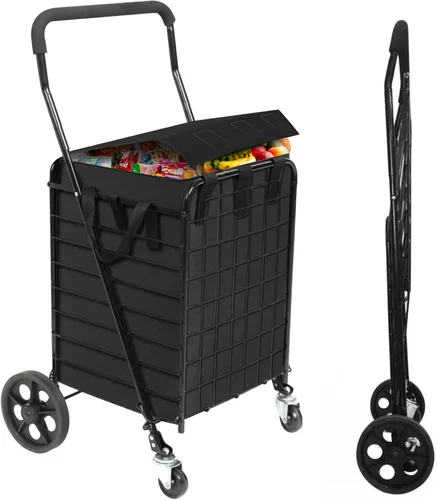 Vista 8 de Carrito de compras plegable con ruedas giratorias de 360°, carrito plegable de 66 libras de capacidad y mango de espuma extendido, para lavandería