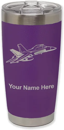 Vista 13 de LaserGram Taza aislada al vacío de 20 onzas, Fighter Jet 2, grabado personalizado incluido (negro)