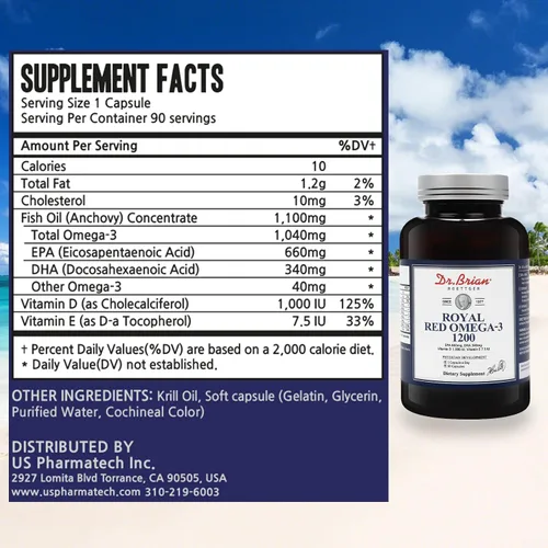 Vista 2 de Dr. Brian Royal Red Omega 3 1200, suplemento de aceite de pescado con EPA y DHA Omega3 aceite de pescado contiene vitamina D, E Omega-3 apoyo