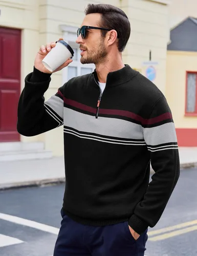 Vista 39 de MAGCOMSEN Suéteres de algodón con cremallera de 1/4 para hombre, suéter tipo polo, a rayas, para otoño e invierno, sudaderas cálidas