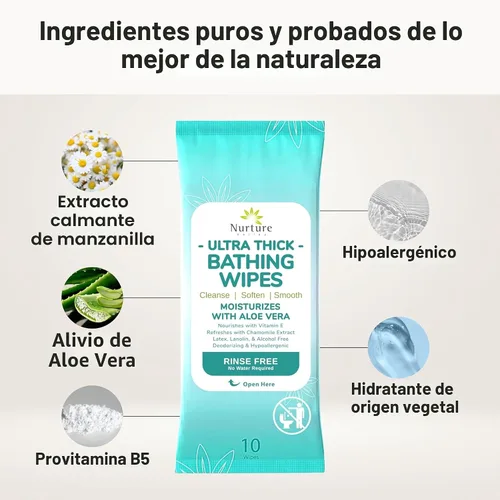 Vista 3 de Nurture XL - Toallitas corporales ultra gruesas para adultos con aloe 120 paños desechables extra grandes de limpieza húmeda sin enjuague, ducha