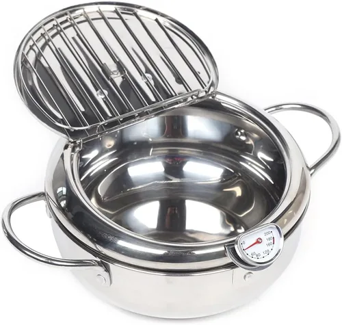 Vista 4 de Olla para freidora, acero inoxidable 304, Tempura pequeña olla profunda con control de temperatura y escurridor de aceite, estilo japonés para papas
