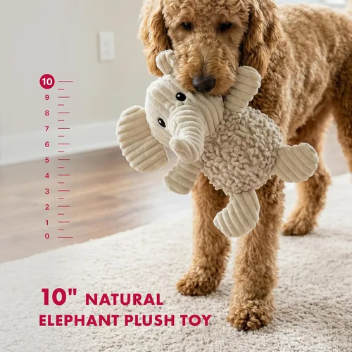 Vista 6 de Petlou - Juguetes de felpa natural y duraderos para perros con papel chirriante y arrugado en varios tamaños (elefante natural, M, 10 pulgadas)