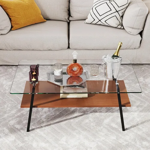 Vista 3 de Mesa auxiliar de cristal para sala de estar, mesa de centro de 2 niveles de mediados de siglo, mesa central con parte superior de vidrio templado