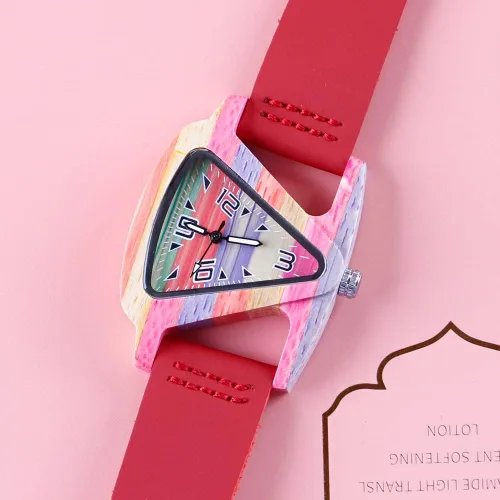 Vista 3 de Reloj triangular de madera para mujer pulsera de cuero de cuarzo reloj de cuarzo de madera correa de cuero de regalo para mujer