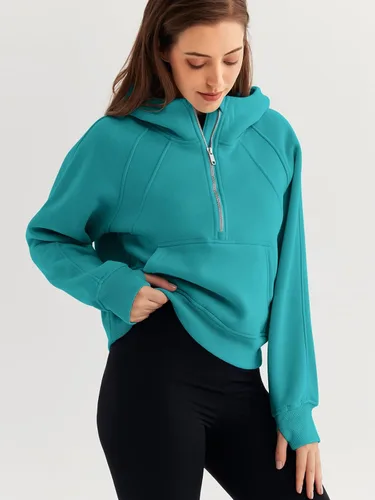 Vista 3 de WYNNQUE Sudadera corta con capucha para mujer, manga larga, forro polar, media cremallera, ropa de otoño