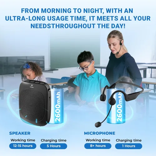 Vista 4 de Amplificador de voz Bluetooth con micrófono inalámbrico con gancho para la oreja, micrófono inalámbrico con combo de altavoces, mini megáfono