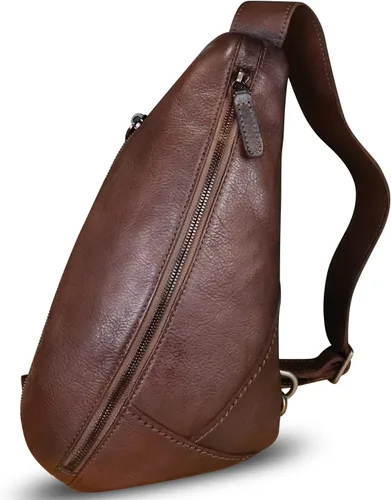 Vista 2 de Genuine Leather Silng Bag for Women and Men Vintage Leather Sling Backpack Shoulder Crossbody Bag Chest Purses Café