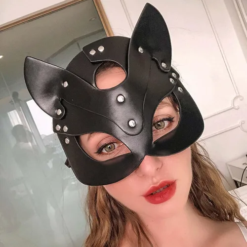 Vista 2 de Seglorwy Máscaras de cuero para disfraz de conejo, zorro, gato, mujer, máscara sexy de piel sintética para fiesta de máscaras, Halloween, cosplay