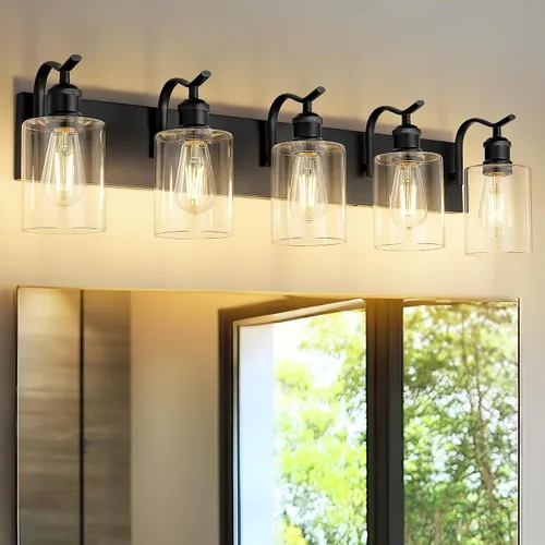 Vista 38 de Lámpara de tocador de baño de 3 luces, aplique de pared de níquel cepillado, lámpara de baño moderna con vidrio transparente, VL01BN-3 Níquel