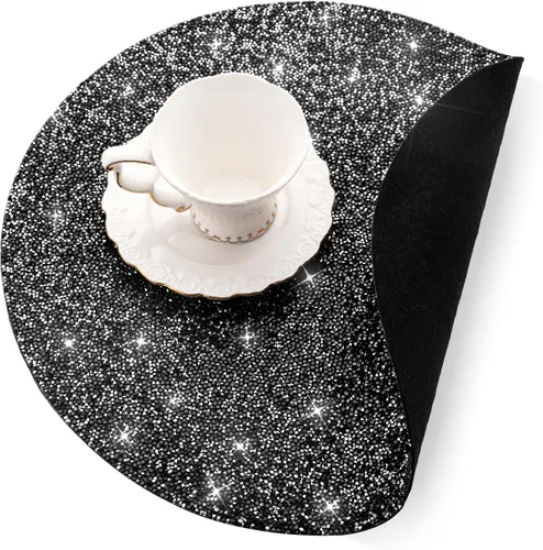 Vista 4 de Mantel individual negro de pedrería con diamantes triturados brillantes redondos lavables con purpurina para otoño, Halloween, boda, Navidad
