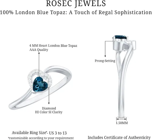 Vista 6 de Anillo de derivación de corazón con topacio azul natural de Londres, calidad AAA, joyería de promesa para ella