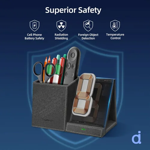 Vista 4 de TopMade Cargador inalámbrico con soporte para lápiz para bolígrafo, organizador de mesita de noche de escritorio multifuncional de cuero, estación