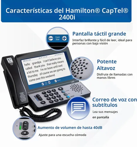 Vista 4 de Hamilton CapTel 2400iSPNBT Teléfono con subtítulos, teléfonos para personas con discapacidad auditiva, control de volumen con ganancia