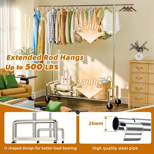 Vista 2 de Simple Trending - Perchero resistente de ropa con ruedas para colgar, organizador de ropa rodante de metal con capacidad de carga de 500 LBS, cromado