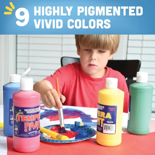 Vista 4 de Constructive Playthings Juego de 9 pintas de témpera de 9 colores para niños, juego de 9 pintas brillantes lavables para aulas y manualidades, Multi