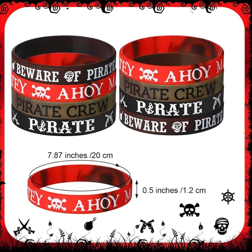 Vista 2 de Capoda 24 pulseras de silicona pirata Ahoy Matey Caribbean pulseras de goma calavera, barco pirata, recuerdos de fiesta para niñas y niños
