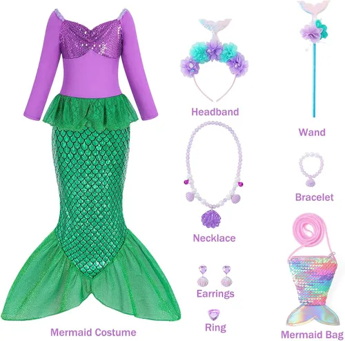 Vista 3 de Disfraz de sirena para niñas, disfraz de Halloween para niñas, disfraz de princesa Ariel, fiesta de cumpleaños