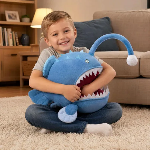 Vista 8 de Juguete de peluche de pez pescador – Lindo pez pescador azul de 12 pulgadas, juguetes de peluche real de la vida marina, pez linterna, juguetes