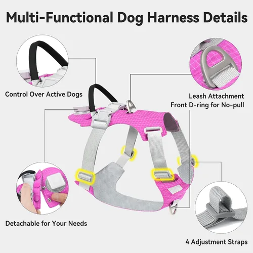 Vista 6 de Joytale Arnés para perro sin tirones con soporte para AirTag, arnés suave de seguridad nocturna para perro con asa de control y 2 clips, chaleco