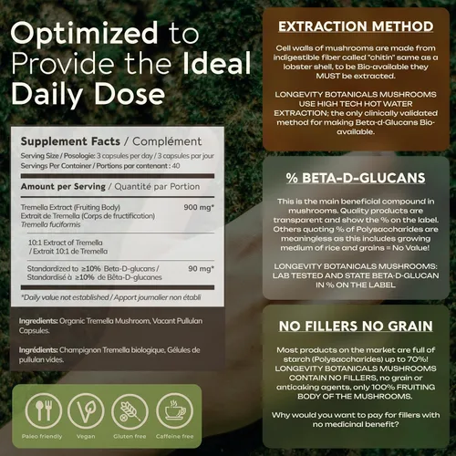 Vista 7 de Longevity Botanicals Cápsulas orgánicas de hongos Tremella Extracto de suplemento de 120 unidades Cuerpo fructífero de hongos de nieve ≥10%