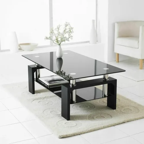 Vista 5 de Mesa de centro rectangular de vidrio, mesa de centro lateral de patas de madera de ingeniería moderna con estante inferior, mesa de centro de vidrio