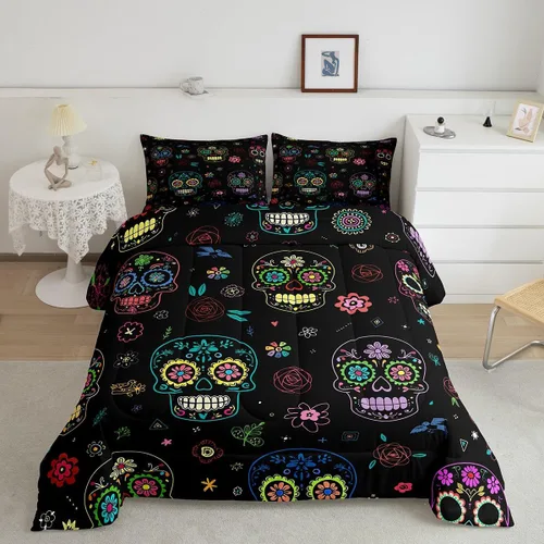 Vista 6 de Manfei Juego de edredón de calavera de azúcar para niños, juego de ropa de cama con temática de calaveras de Halloween, ropa de cama de estilo Azul