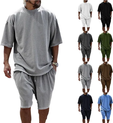 Vista 2 de Conjunto casual de 2 piezas para hombre, conjunto deportivo de manga corta, cuello redondo, camiseta y pantalones cortos, conjunto casual de dos