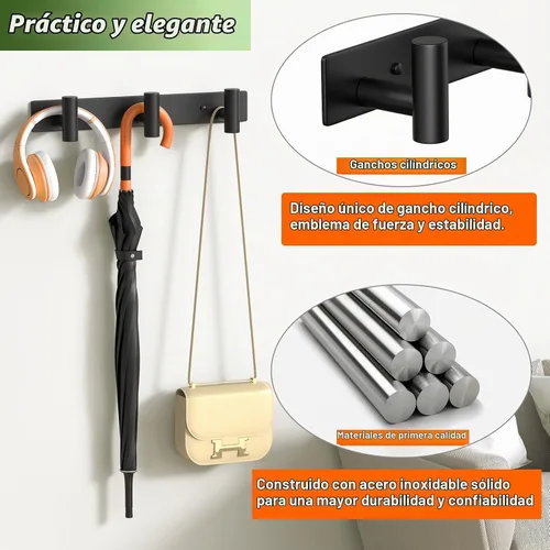 Vista 4 de Perchero de Pared Montado - 3 Ganchos, Ganchos de Pared de Acero Inoxidable Resistente para Toalla, Bolso de Abrigo, Perchero para Sombreros Negro