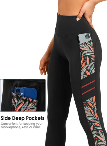 Vista 2 de Yvette Leggings de entrenamiento estampados para mujer, pantalones de yoga de cintura alta con 2 bolsillos que no se transparentan