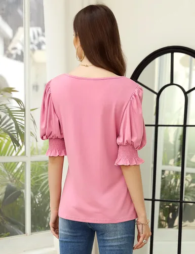 Vista 4 de BeautyNee Blusa de manga abombada con cuello cuadrado para mujer, color liso, túnica elástica