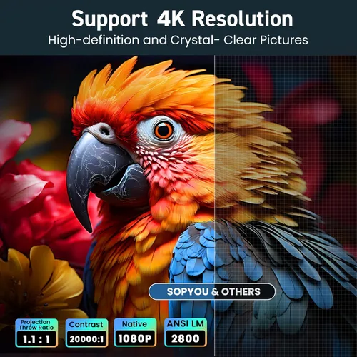 Vista 4 de [Aplicaciones integradas] Proyector inteligente con WiFi y Bluetooth, proyector de películas para exteriores SOPYOU 4K decodifica un máximo de 450
