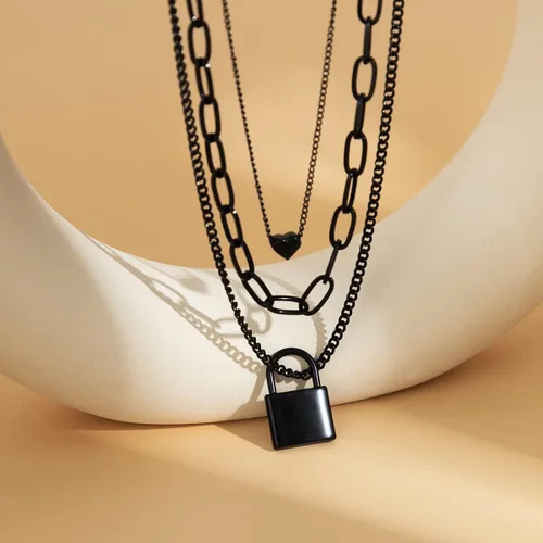 Vista 3 de Caiyao Collares apilados para mujer, cadenas de bloqueo negras, collar en capas con dije estético, gargantilla multicapa
