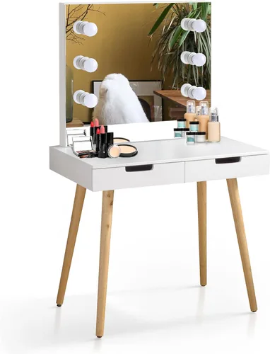 Vista 4 de Escritorio de espejo de maquillaje de madera maciza+MDF mesa de tocador de maquillaje con luz LED y puerto USB tocador con 2 cajones