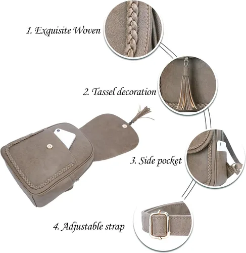Vista 3 de KKXIU Bolso pequeño de la mochila del cuero sintético de la manera para las mujeres y las niñas adolescentes con la borla, Caqui, Viajar