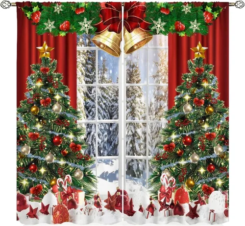 Vista 11 de Cortinas de Navidad lindas de invierno, vacaciones, regalos de Navidad, copos de nieve, elfo, sala de estar, cortinas de ventana de 42 x 45
