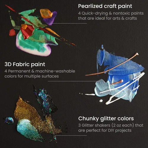 Vista 4 de Arteza Kit de pintura acrílica para verter, 36 piezas, pintura brillante e iridiscente, pintura perlada, pintura de tela 3D, purpurina gruesa