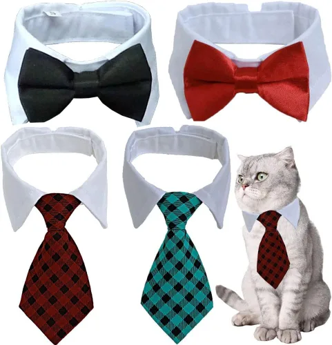 Vista 8 de Disfraz de 4 piezas para mascotas, perro, gato, corbatín para mascotas, collar formal ajustable para gatos, perros pequeños, accesorios de aseo