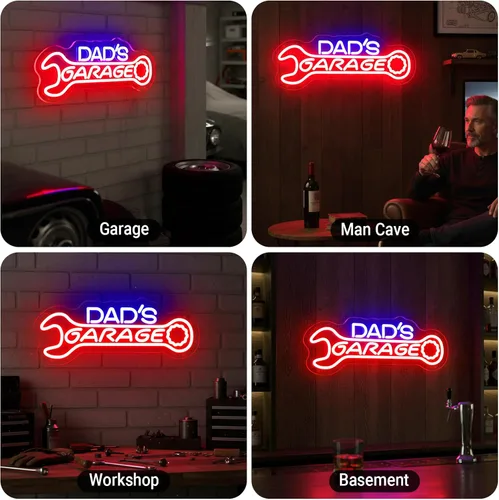 Vista 4 de Letrero de neón para garaje de papá, decoración de pared de garajes LED para taller, regalos para marido, papá, padre, hombres, rojo y azul
