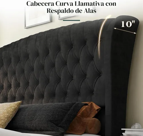 Vista 3 de LUXOAK Estructura de cama tapizada tamaño Queen con cabecera capitoné Negro