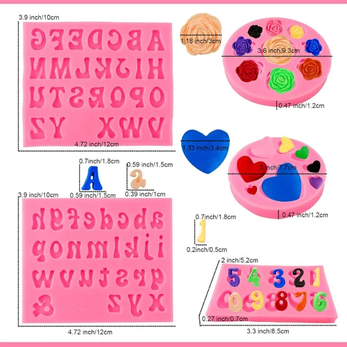 Vista 2 de Moldes de letras del alfabeto, 5 piezas de letras y números, forma de corazón, flores, molde de silicona para fondant de chocolate, arcilla