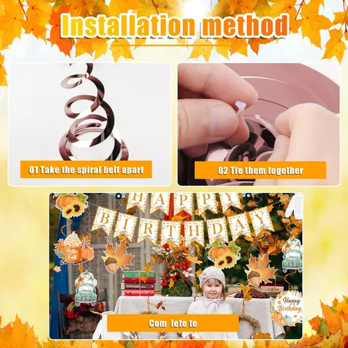 Vista 9 de Decoraciones de fiesta de calabaza pequeña, pancarta de feliz cumpleaños de Acción de Gracias y decoraciones de remolinos colgantes para fiesta