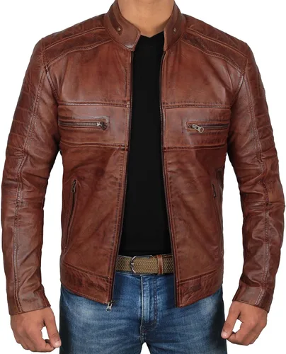 Vista 6 de Decrum Chaqueta de piel de cordero real Cafe Racer para hombre, estilo de Austin Negro